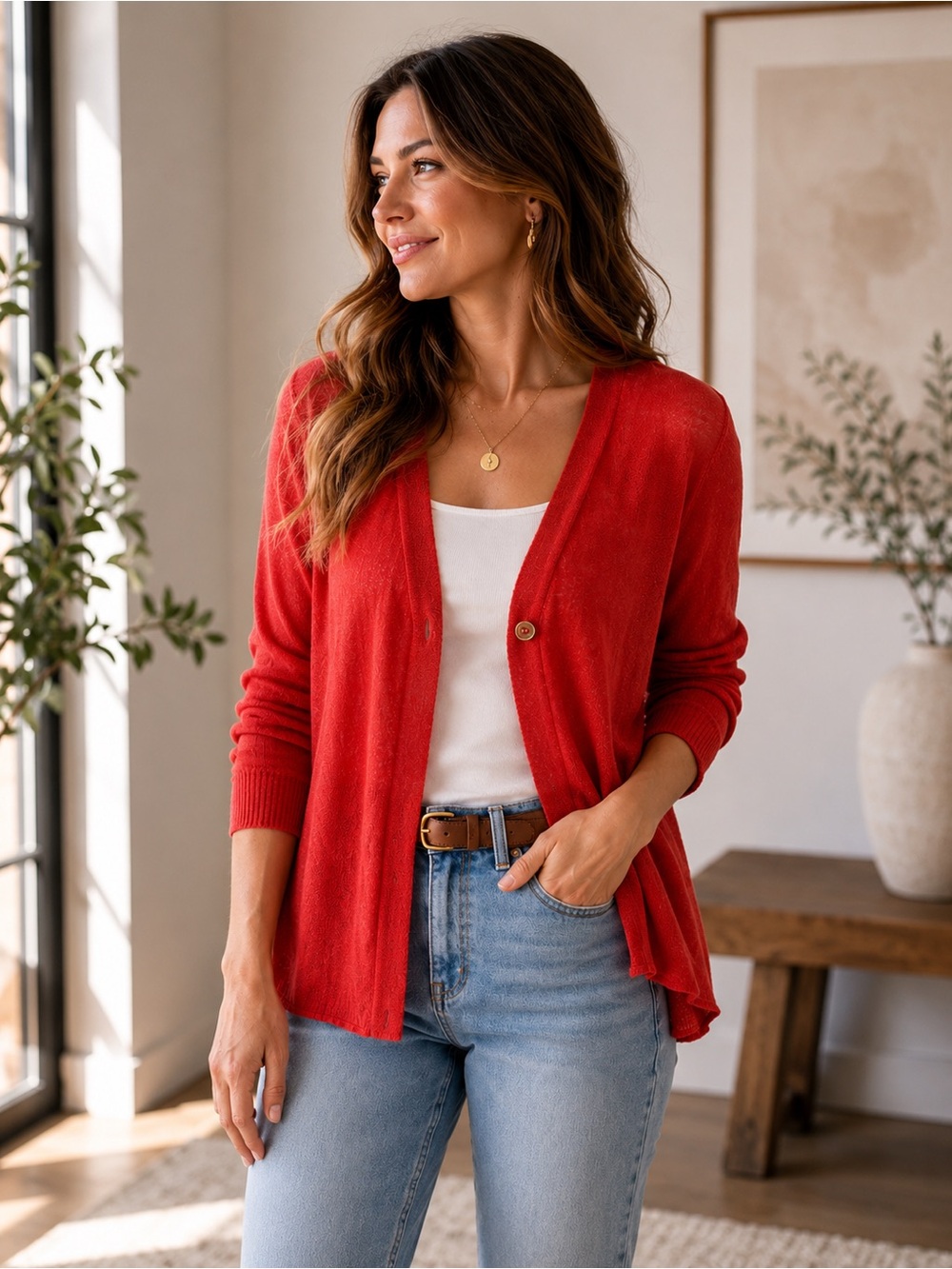 J. Jill Linen Blend Tomato Red Cardigan‎ | Lightweight Relaxed Sweater Large
